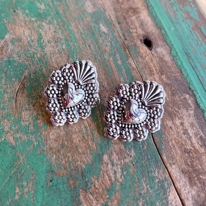 Sterling Silver Flower Sacred Heart Post Earrings
