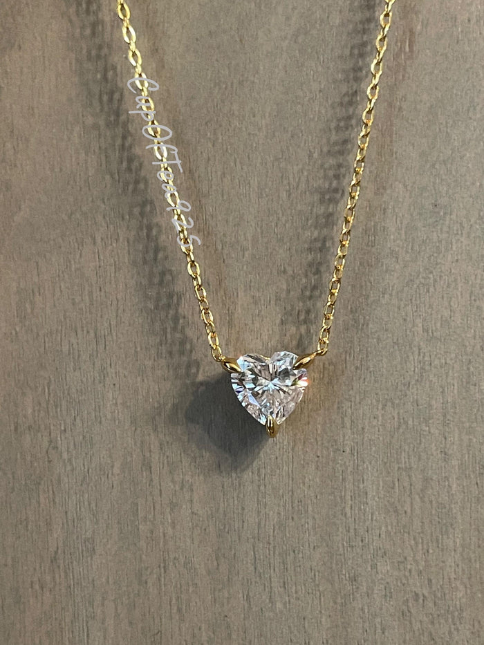 Sterling Silver Heart Necklace: 1.5CT CZ Diamond, Gold Finish