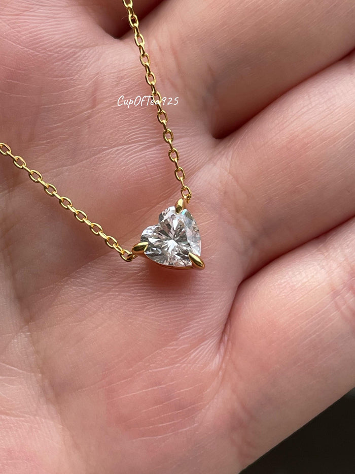 Sterling Silver Heart Necklace: 1.5CT CZ Diamond, Gold Finish