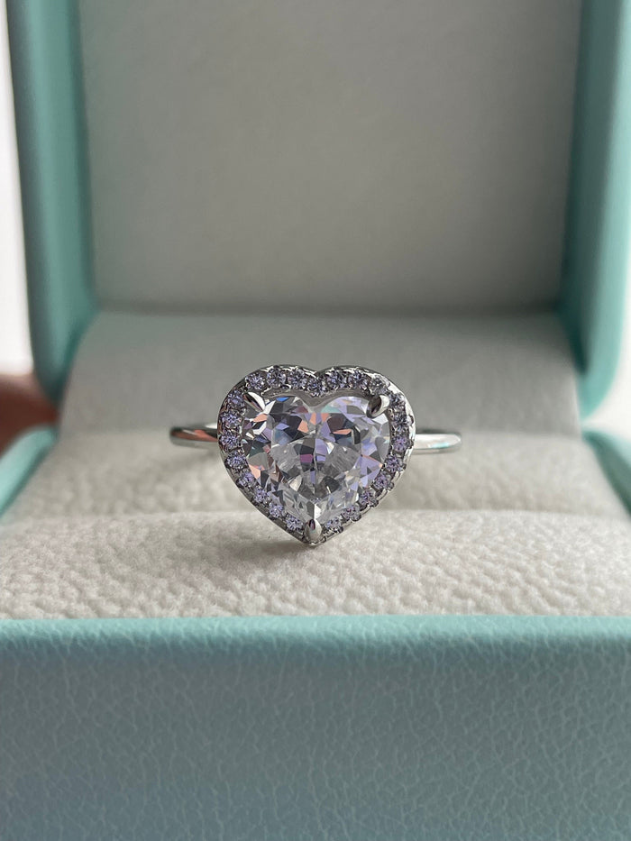 Sterling Silver Heart Ring: 4CT CZ Diamond Halo, Promise Ring