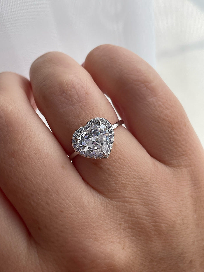 Sterling Silver Heart Ring: 4CT CZ Diamond Halo, Promise Ring