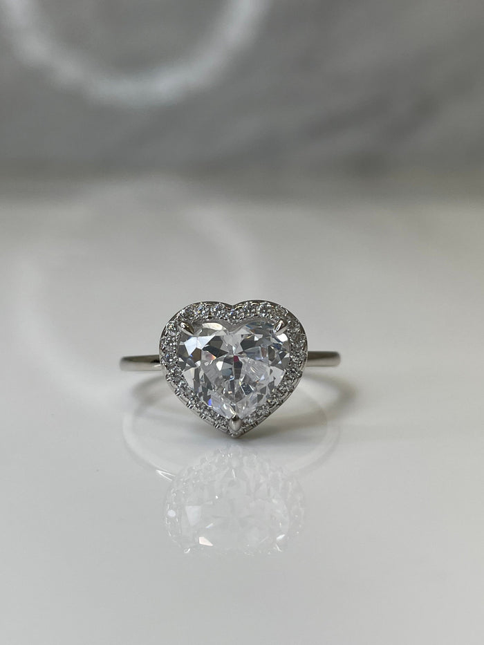 Sterling Silver Heart Ring: 4CT CZ Diamond Halo, Promise Ring