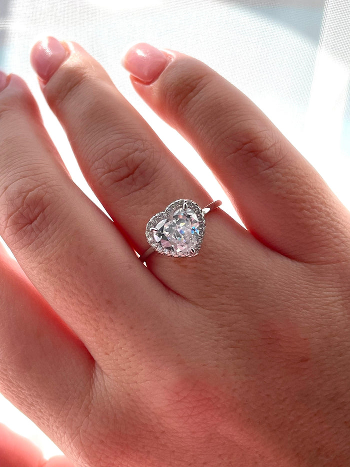 Sterling Silver Heart Ring: 4CT CZ Diamond Halo, Promise Ring