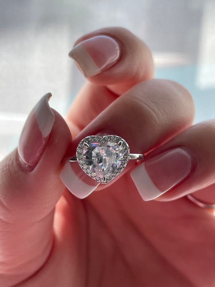 Sterling Silver Heart Ring: 4CT CZ Diamond Halo, Promise Ring