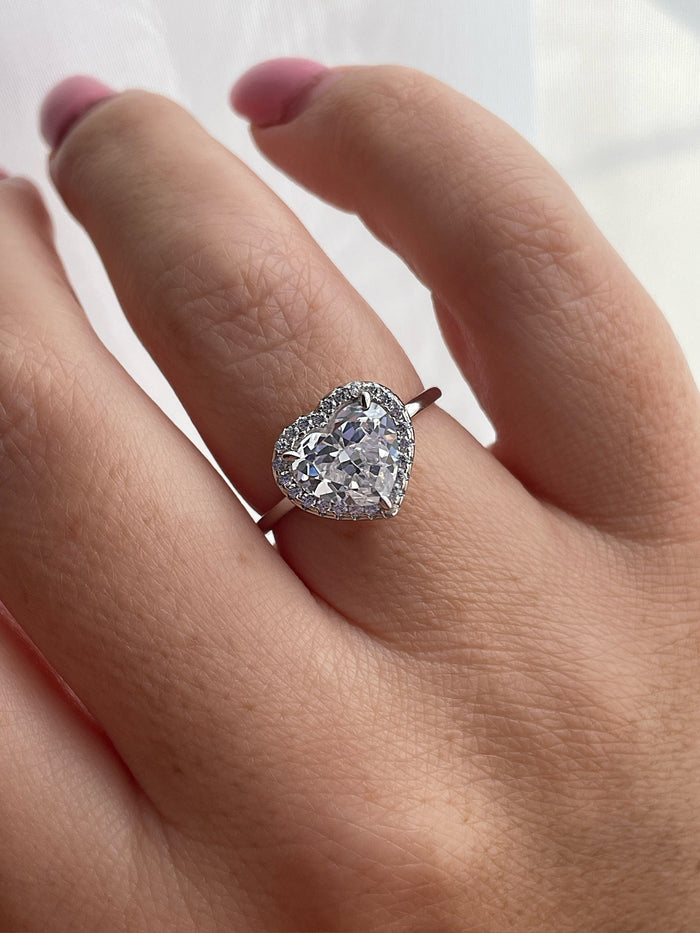 Sterling Silver Heart Ring: 4CT CZ Diamond Halo, Promise Ring