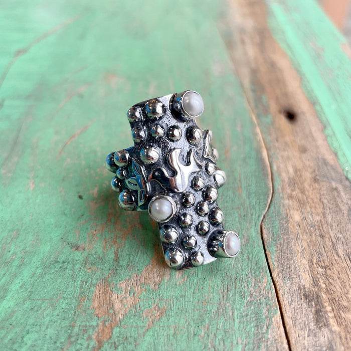 Sterling Silver Holy Spirit Pearl Cross Ring