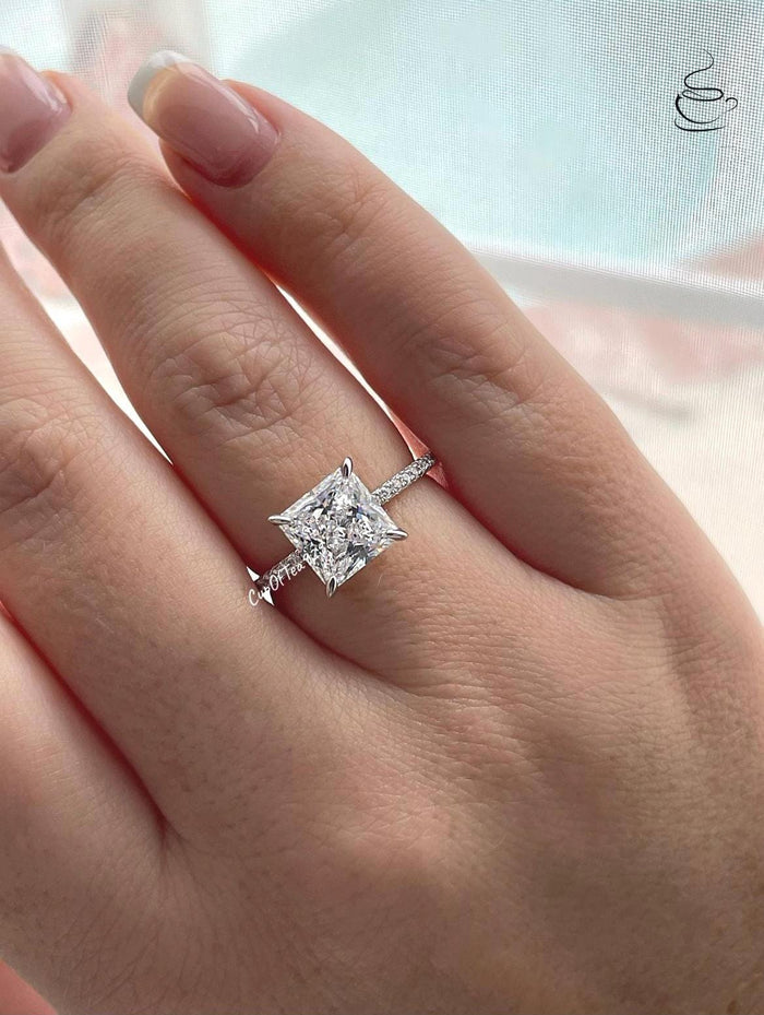 Sterling Silver Princess Cut Engagement Ring: 3CT Simulated Diamond Hidden Halo