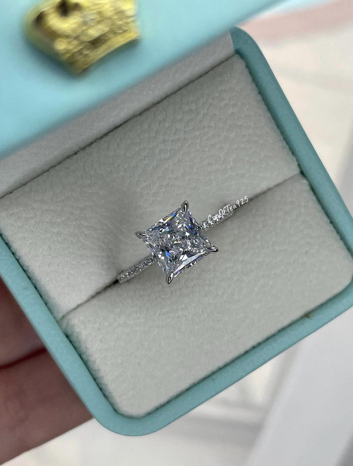Sterling Silver Princess Cut Engagement Ring: 3CT Simulated Diamond Hidden Halo