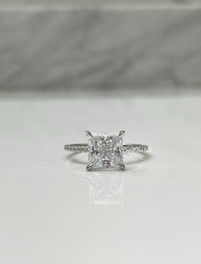 Sterling Silver Princess Cut Engagement Ring: 3CT Simulated Diamond Hidden Halo