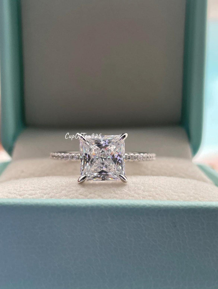 Sterling Silver Princess Cut Engagement Ring: 3CT Simulated Diamond Hidden Halo