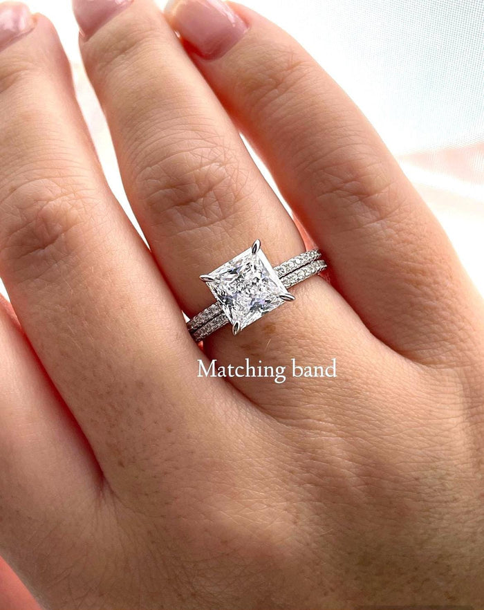 Sterling Silver Princess Cut Engagement Ring: 3CT Simulated Diamond Hidden Halo