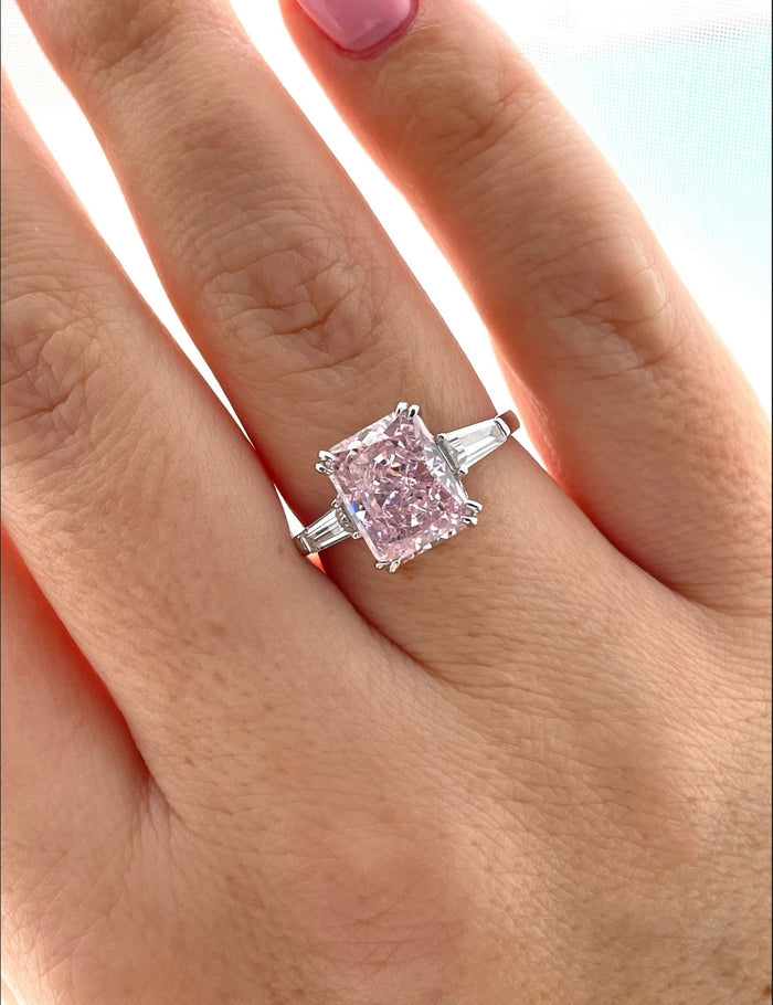 Sterling Silver ring with 3CT pink crushed ice radiant cut simulated diamond