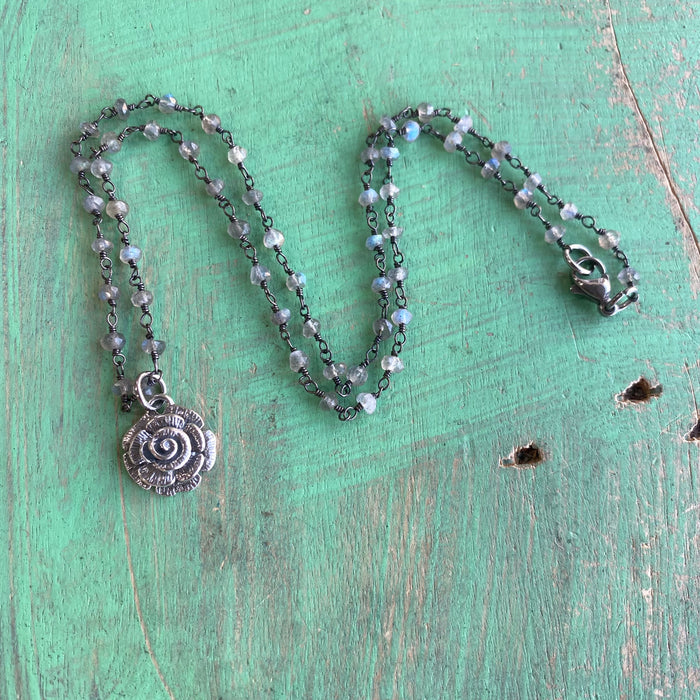Sterling Silver Rose Labradorite Necklace or Earrings