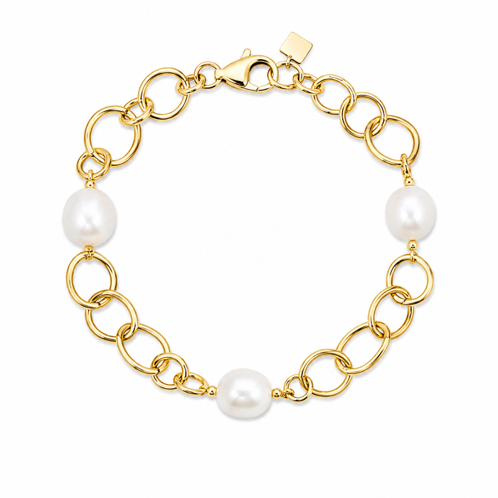 Gold pearl chain bracelet with three freshwater pearls and oversized gold links
