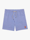 Blue and white pinstriped swim trunks with a beige drawstring and a small orange 'S' logo on the lower left leg, shown flat on a white background.