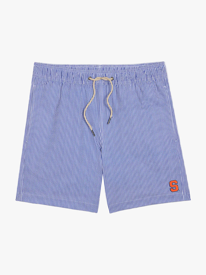 Blue and white pinstriped swim trunks with a beige drawstring and a small orange 'S' logo on the lower left leg, shown flat on a white background.