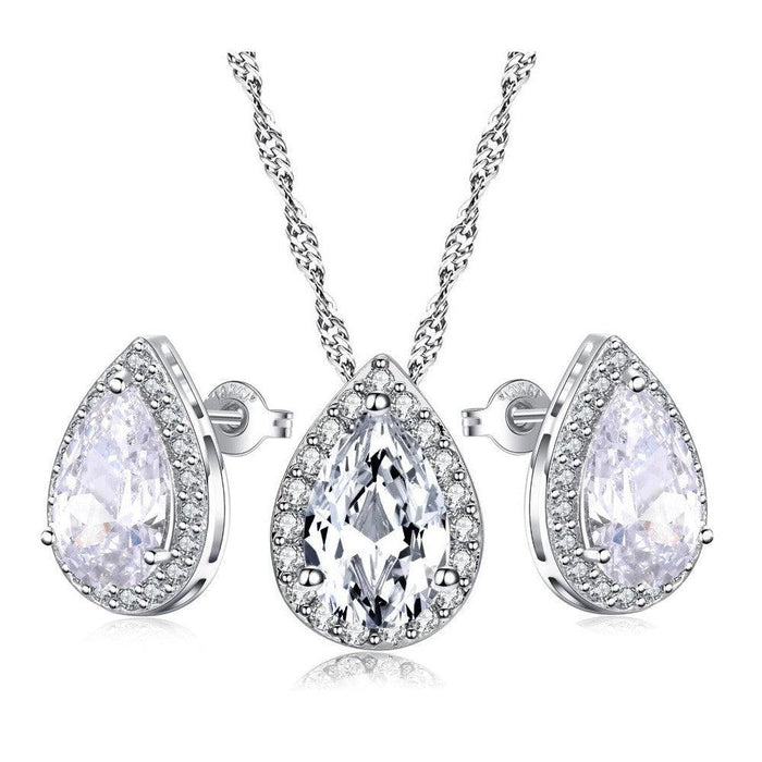 Teardrop crystal necklace and earrings set with pear-shaped stones, silver-tone
