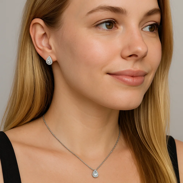 Teardrop crystal stud earring and teardrop pendant necklace on chain