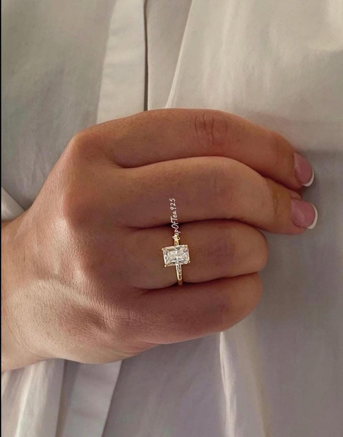 The Alessandra. 18K Yellow Gold Over Sterling Silver 925 Engagement Ring with the finest 2CT Radiant cut simulated diamond.