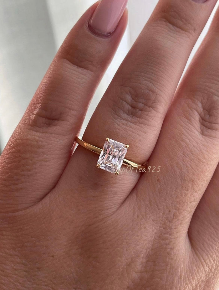 The Alessandra. 18K Yellow Gold Vermeil Engagement Ring with 2CT radiant Cut Simulated Diamond