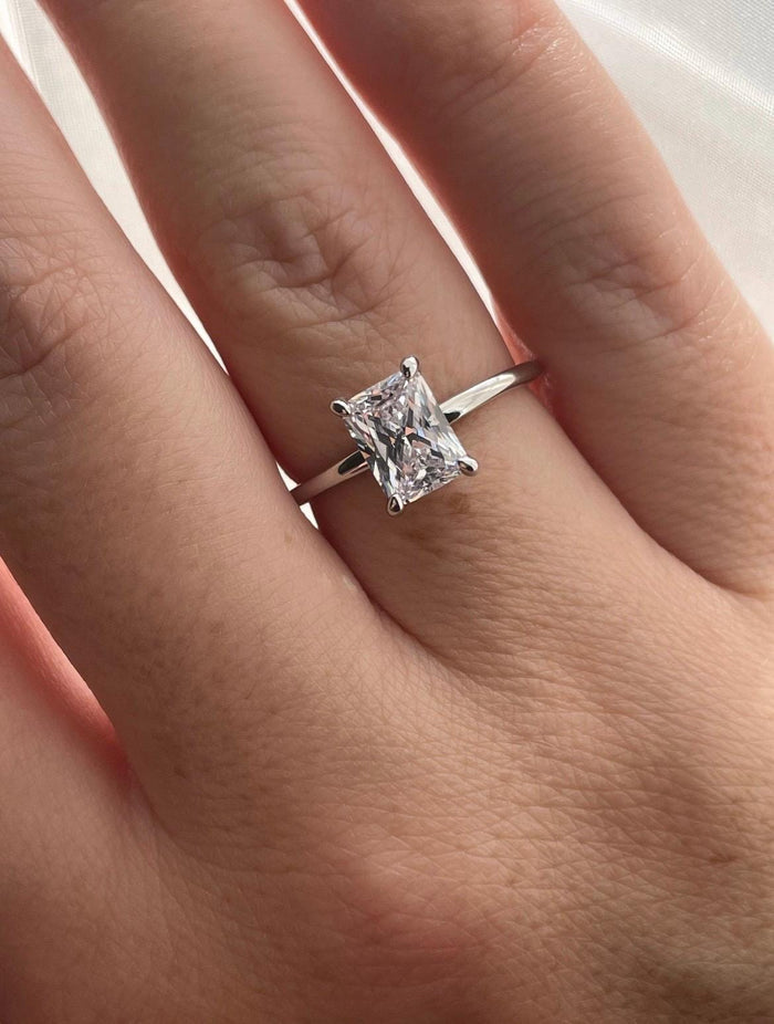 The Alessandra. Yellow Gold, White Gold, Rose Gold, Sterling Silver 925 Engagement Ring with the finest 2CT Radiant cut Moissanite