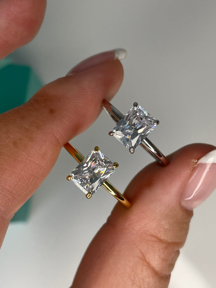 The Alessandra. Yellow Gold, White Gold, Rose Gold, Sterling Silver 925 Engagement Ring with the finest 2CT Radiant cut Moissanite