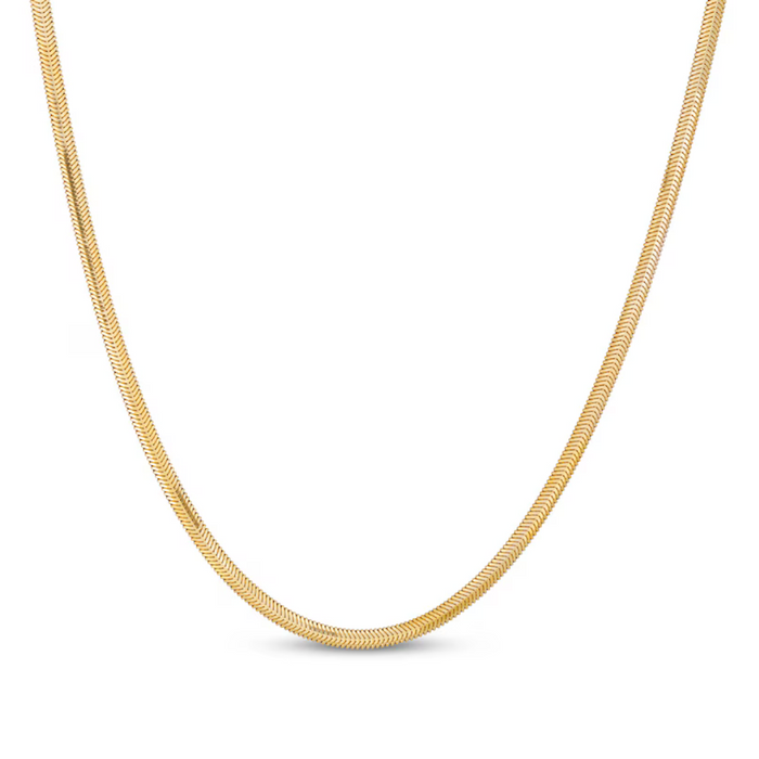 Gold snake chain necklace close-up, continuous curved chain