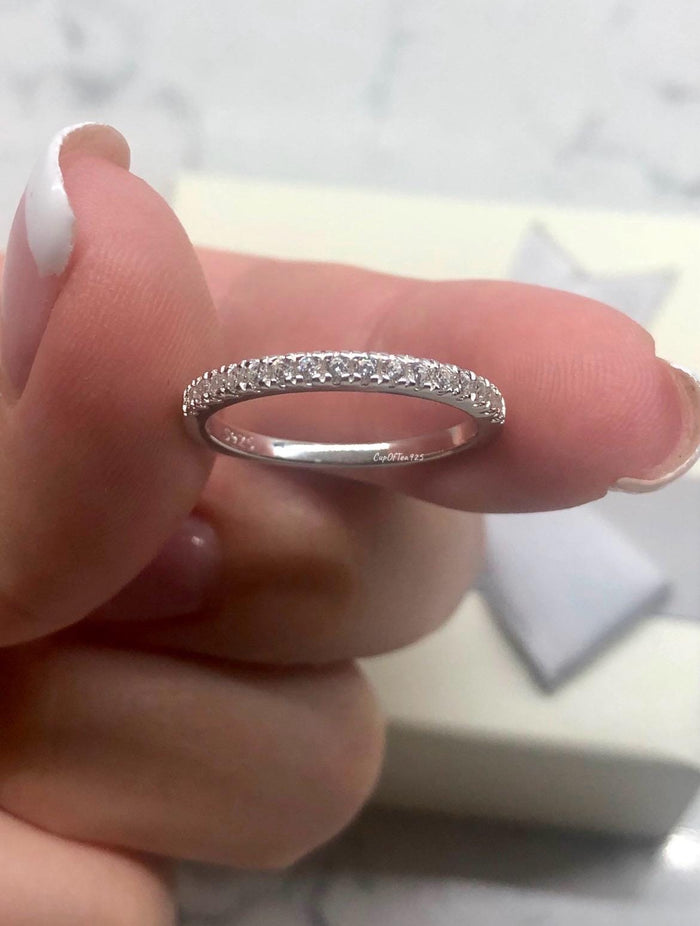 The Emily. 2mm Sterling Silver 925 Half Eternity Band with CZ Diamonds or Moissanite, wedding band