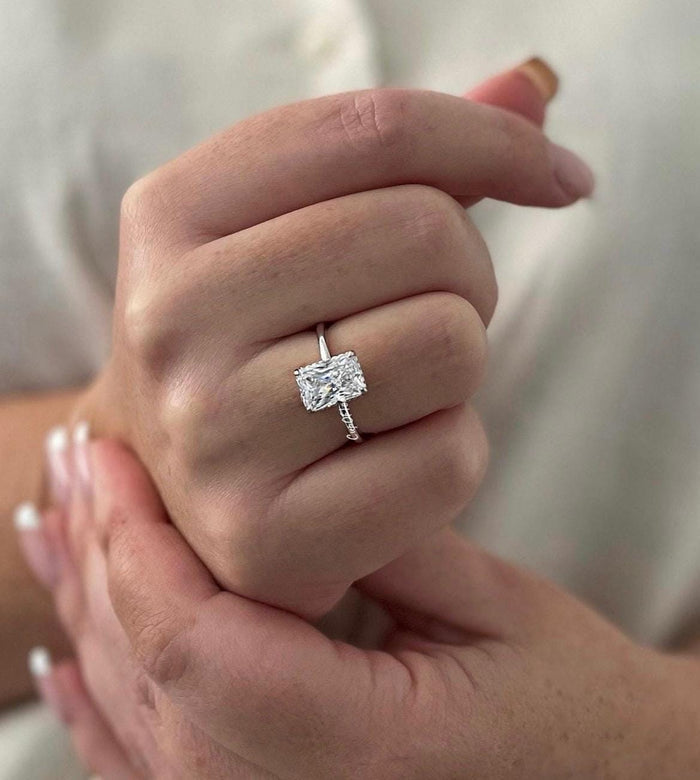 The Grace. Hidden halo. Sterling Silver 925 engagement ring with 2CT, 3CT radiant cut CZ simulated diamond and hidden halo.
