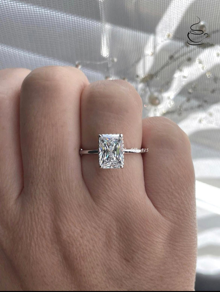 The Grace. Hidden halo. Sterling Silver 925 engagement ring with 2CT, 3CT radiant cut CZ simulated diamond and hidden halo.