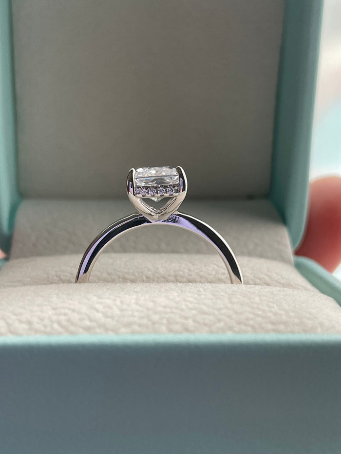 The Grace. Hidden halo. Sterling Silver 925 engagement ring with 2CT, 3CT radiant cut CZ simulated diamond and hidden halo.