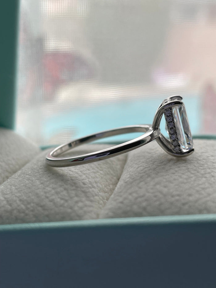The Grace. Hidden halo. Sterling Silver 925 engagement ring with 2CT, 3CT radiant cut CZ simulated diamond and hidden halo.