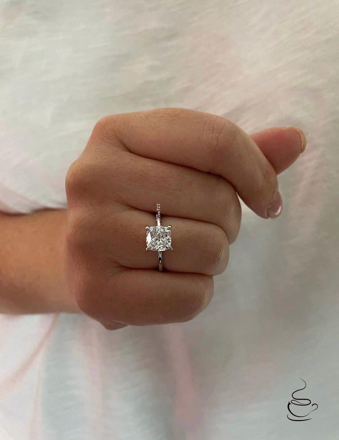 The Layla. 10K, 14K, 18K Gold, 2.5CT Cushion Cut Engagement Ring with D VVS clear Moissanite
