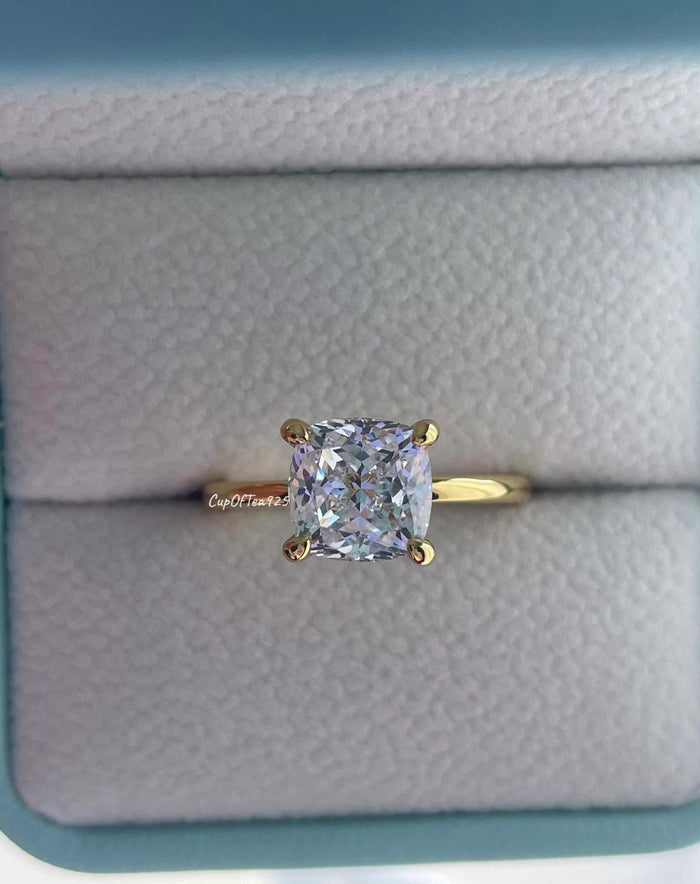 The Layla. Yellow Gold over Sterling Silver 925 3CT Cushion cut engagement ring with CZ diamond simulant , promise ring, gift for her