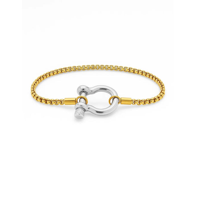 Two-tone bracelet on white: silver bead chain with gold and silver horseshoe carabiner.