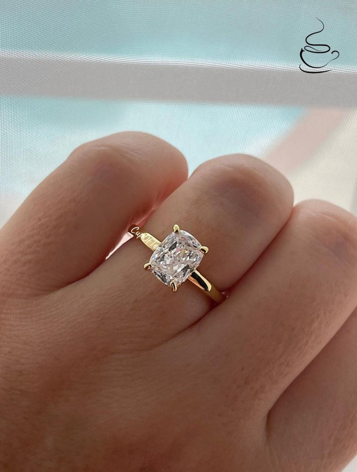 The Madison. Hidden halo. Sterling Silver 925, Yellow Gold over Sterling Silver 925, 2.5CT elongated cushion cut engagement ring.