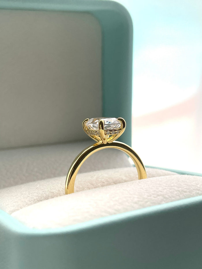 The Madison. Hidden halo. Sterling Silver 925, Yellow Gold over Sterling Silver 925, 2.5CT elongated cushion cut engagement ring.