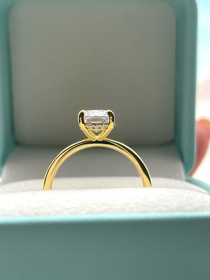 The Madison. Hidden halo. Sterling Silver 925, Yellow Gold over Sterling Silver 925, 2.5CT elongated cushion cut engagement ring.
