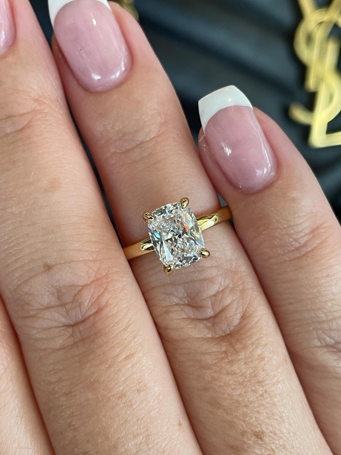 The Madison. Hidden halo. Sterling Silver 925, Yellow Gold over Sterling Silver 925, 2.5CT elongated cushion cut engagement ring.