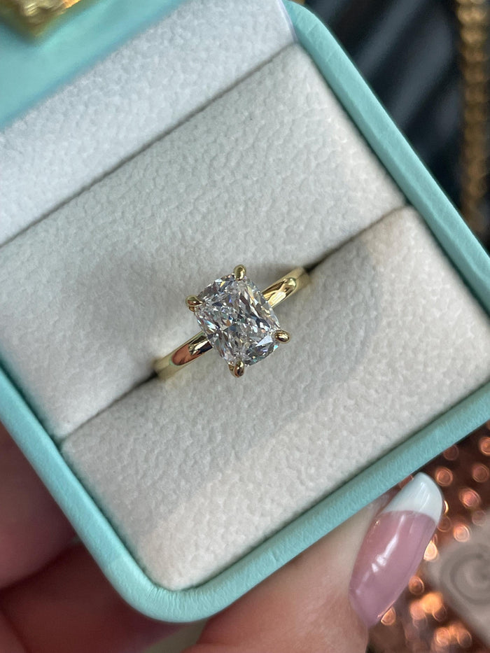 The Madison. Hidden halo. Sterling Silver 925, Yellow Gold over Sterling Silver 925, 2.5CT elongated cushion cut engagement ring.