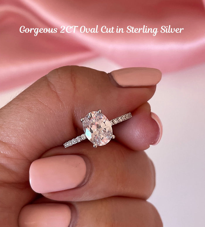 The Olivia. 2CT Oval Cut Engagement Ring in Sterling Silver 925 with moissanite or CZ diamonds