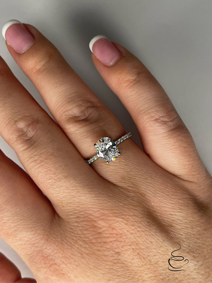 The Olivia. 2CT Oval Cut Engagement Ring in Sterling Silver 925 with moissanite or CZ diamonds