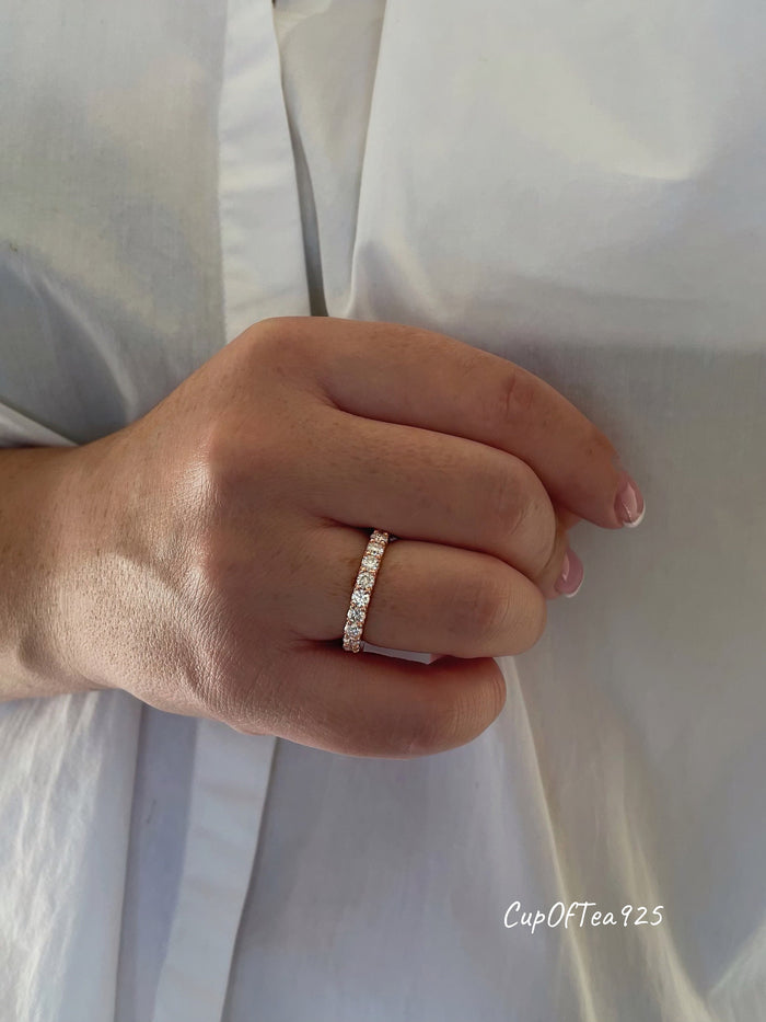 The Scarlett 3mm.Rose Gold, yellow gold, white gold over sterling silver 3mm full eternity band with the finest simulated diamonds.
