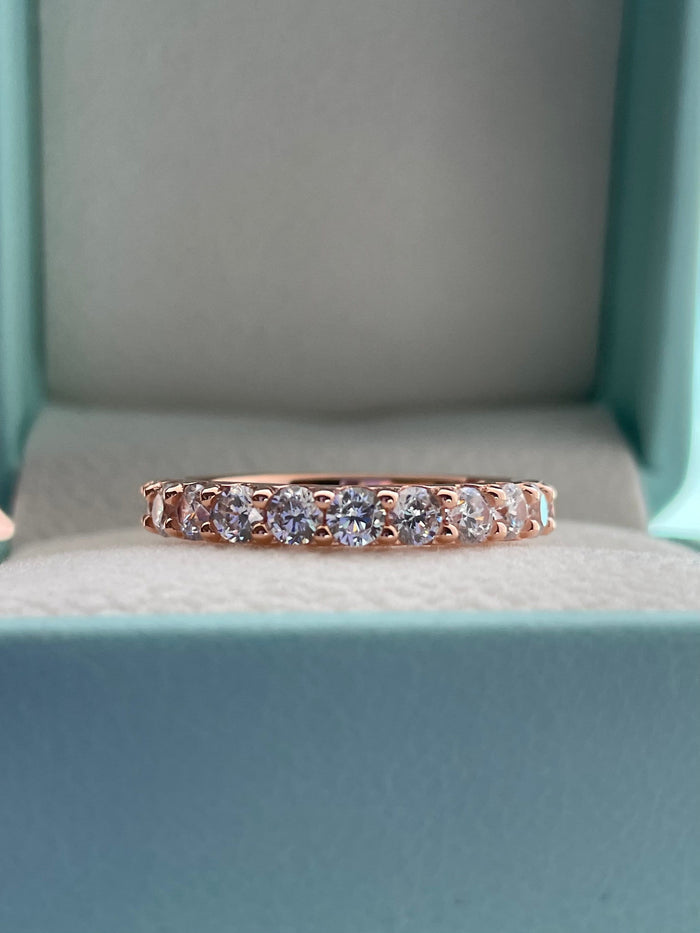 The Scarlett 3mm.Rose Gold, yellow gold, white gold over sterling silver 3mm full eternity band with the finest simulated diamonds.