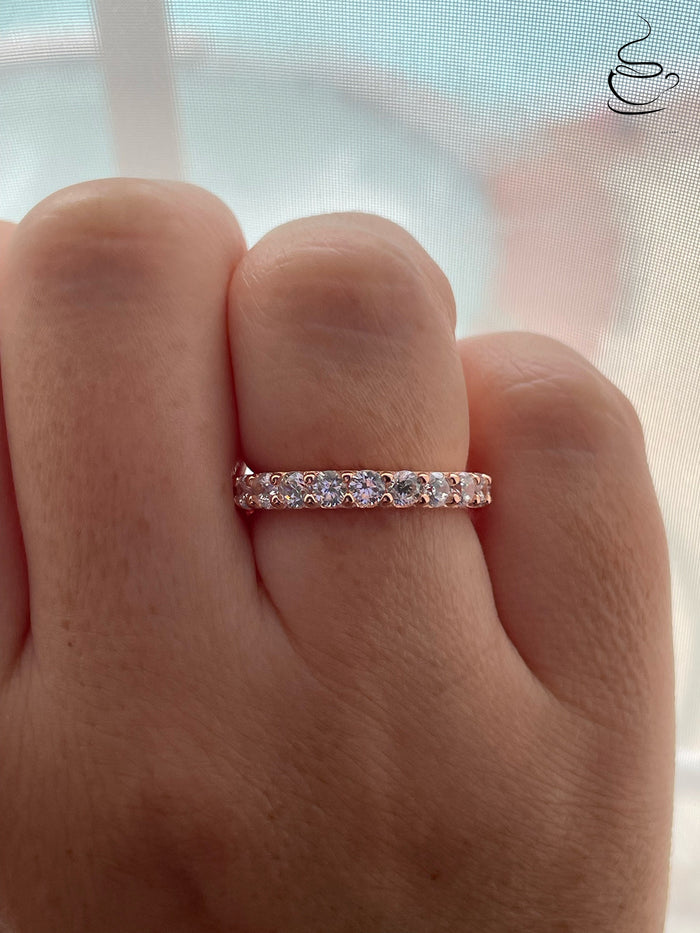 The Scarlett 3mm.Rose Gold, yellow gold, white gold over sterling silver 3mm full eternity band with the finest simulated diamonds.