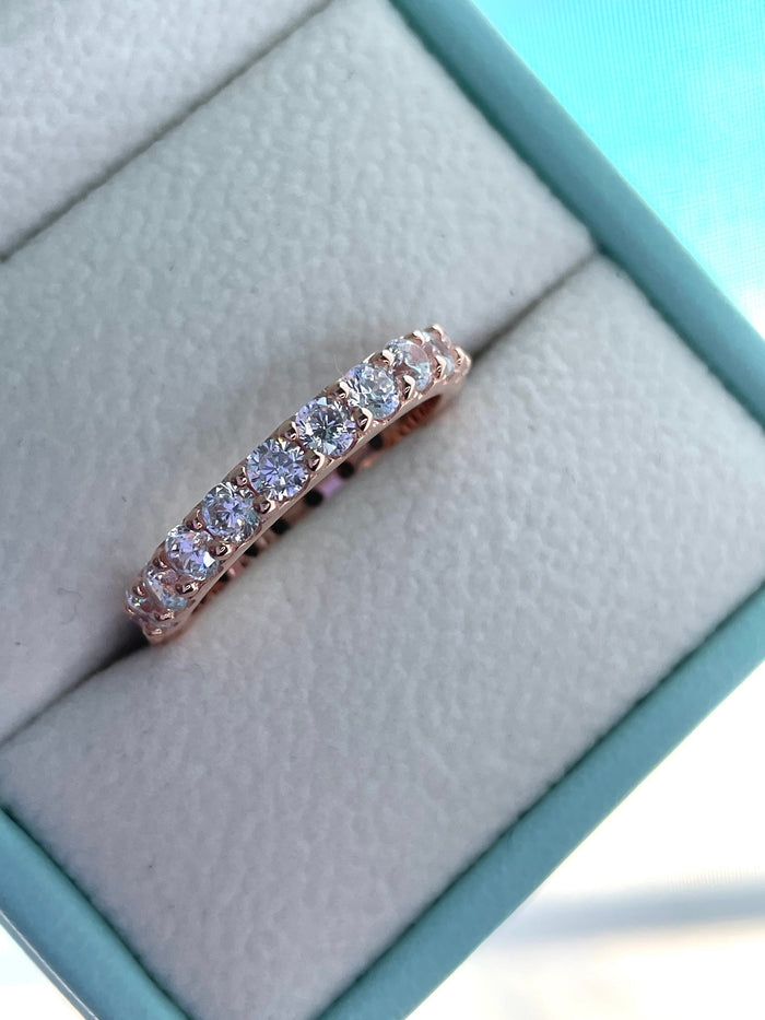 The Scarlett 3mm.Rose Gold, yellow gold, white gold over sterling silver 3mm full eternity band with the finest simulated diamonds.