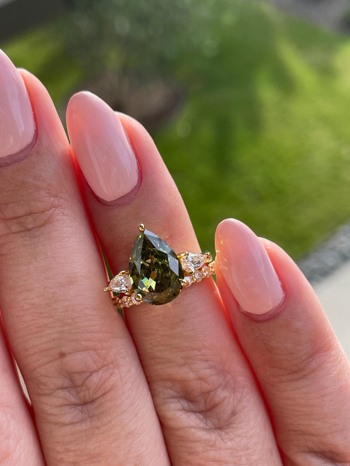 Three Stone Engagement Ring bridal set with Pear Shaped Crushed Ice Olive Green Simulated Diamond & Moissanite Band