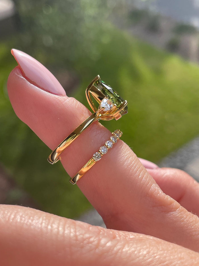 Three Stone Engagement Ring bridal set with Pear Shaped Crushed Ice Olive Green Simulated Diamond & Moissanite Band