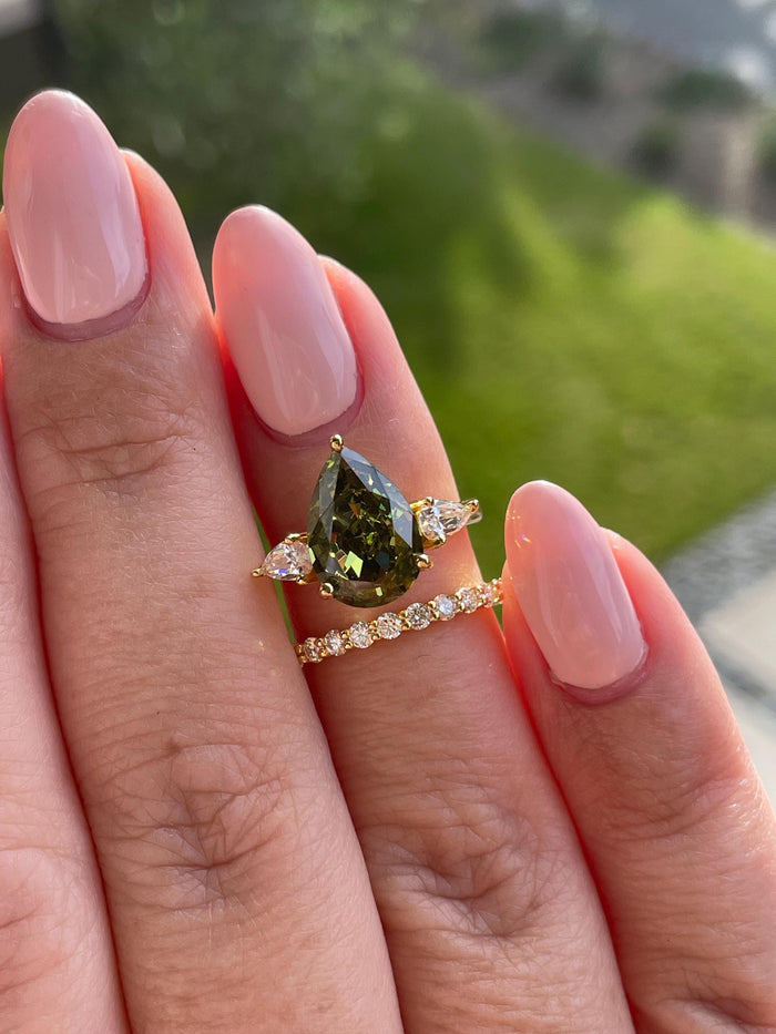 Three Stone Engagement Ring bridal set with Pear Shaped Crushed Ice Olive Green Simulated Diamond & Moissanite Band