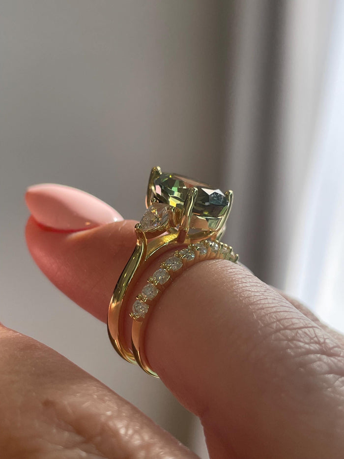 Three Stone Engagement Ring bridal set with Pear Shaped Crushed Ice Olive Green Simulated Diamond & Moissanite Band